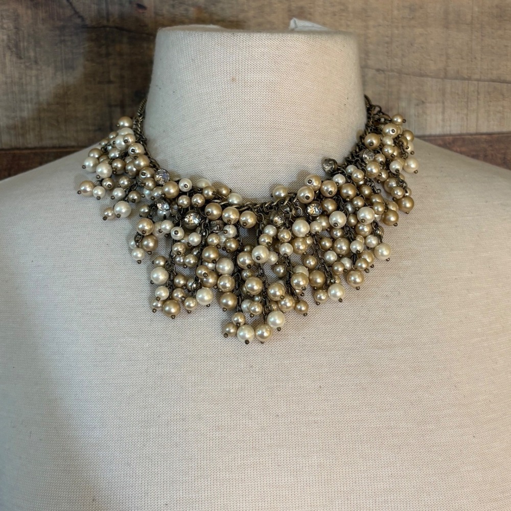 Faux Pearl Cluster Bib Statement Necklace Bronze Tone Multi Strand Adjustable